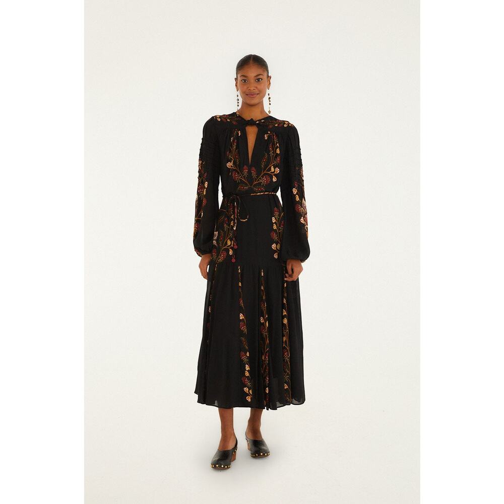 Farm Rio Black Berry Garden Long Sleeve Pleated Maxi Dress Size S - Picture 3 of 12